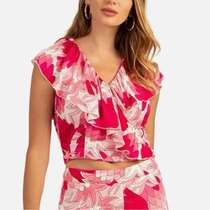 Trina Turk Janis Top Pink White Floral Ruffle V-Neck Sleeveless Blouse 0 Sm $258